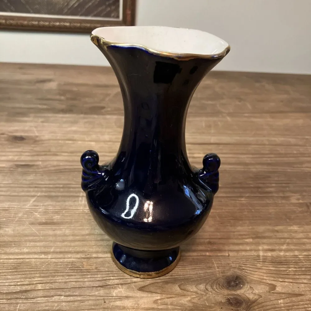 Vintage Cobalt Blue And Gold Bud Vase With Applied Gold Rose 6” Hand Painted